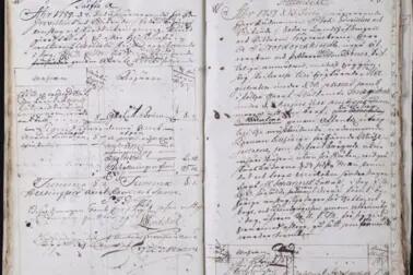 Kirjan aukeama, jolla on käsin kirjoitettua tekstiä ruotsiksi ja vuosiluku 1759.