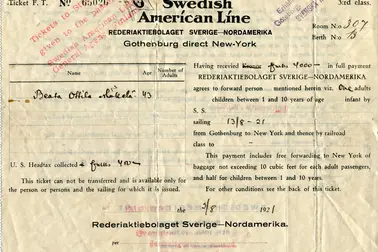 A third class ticket from Gothenburg to New York, 13.8.1921, S/S Drottningholm, Swedish American Line. Passenger: Beata Ottilia Mäkelä. Lippu ostettu Helsingissä 9.8.1921.