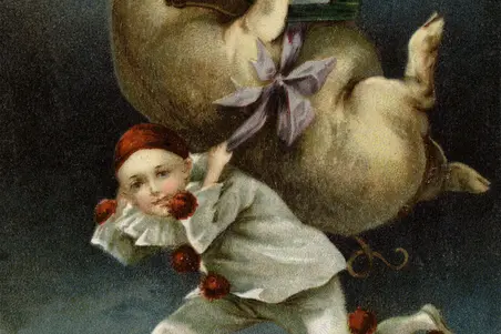 Ett tecknat postkort med en springande harlekin, som bär ett stort svin på sin rygg. Svinet håller i sin vänstra klöv ett bubbelvinglas, ur vilket det häller i sin mun, i högra klöven håller den en bubbelvinflaska.