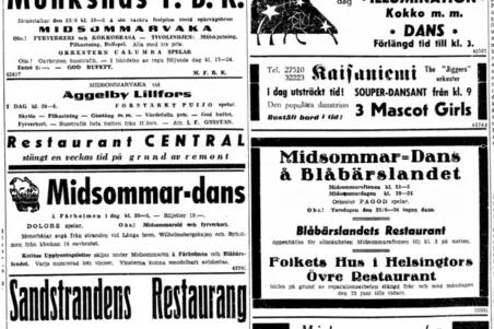 Annonser om olika nöjen i Helsingfors på midsommaren 