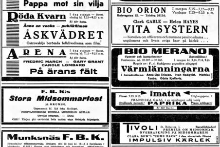 Biograf- och evenemangannonser i Hufvudstadsbladet 23.6.1934