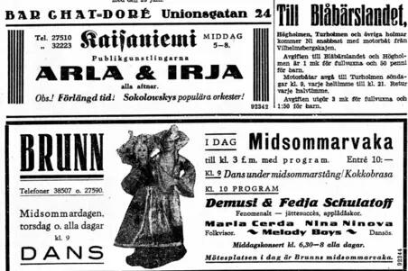 Annonser om midsommarnöjen i Helsingfors: restauranger Torni och Kaisaniemi samt Brunns midsommarvaka och 