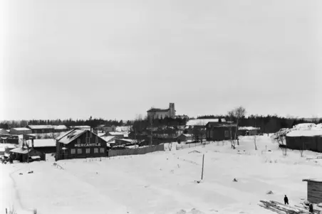 Näkymä Mechelininkadun seudulta, taustalla Hietaniemen krematorio. Etualalla tuonti- ja vientiyhtiö Mercantilen puinen varastorakennus.