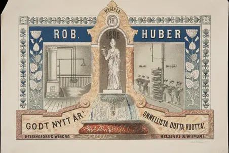 Vattenledningsfirman Hubers reklampostkort, som önskar gott nytt år 1896. I mitten av det tecknade kortet står en staty av gudinnan Hygieia, som på båda sidor omges av badrumsmöblemang.