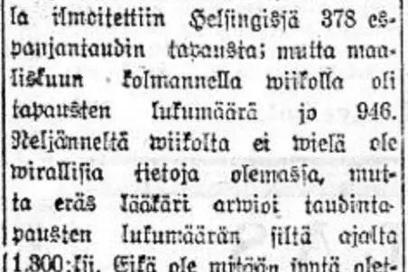 Uutinen espanjantautiepidemian pahenemisesta Helsingissä.