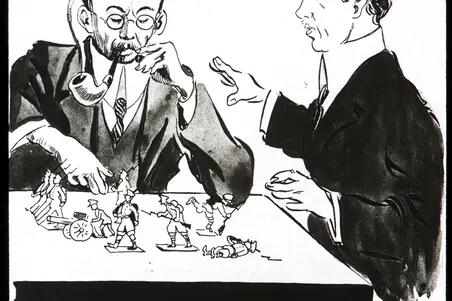Rudolf Holsti röker pipa och arrangerar tennsoldater på en teckning av Rafael Rindell