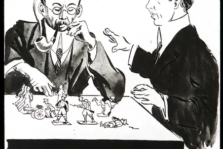Rudolf Holsti röker pipa och arrangerar tennsoldater på en teckning av Rafael Rindell