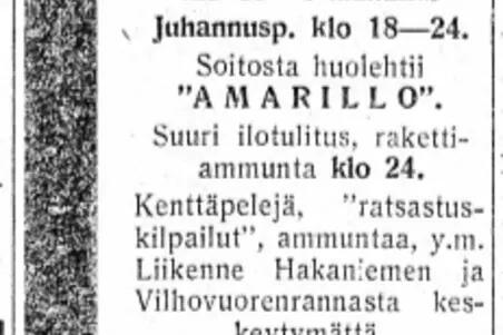 Sanomalehti-ilmoituksia juhannuksen tapahtumista Helsingissä