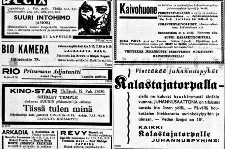 Sanomalehti-ilmoituksia juhannuksen tapahtumista: elokuvia, tanssiaisia ja päivällisiä