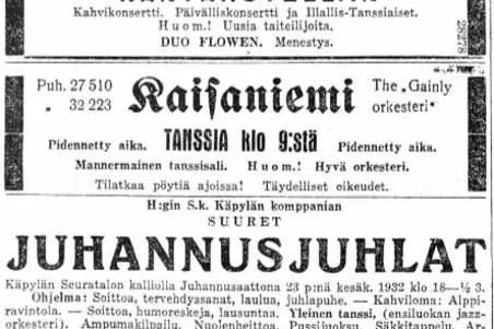 Lehti-ilmoituksia juhannuksen tapahtumista