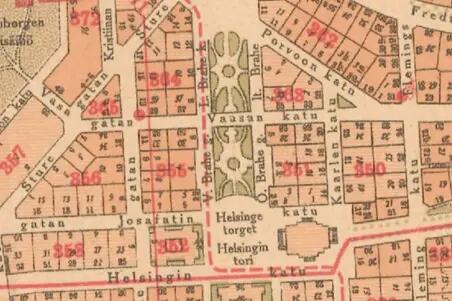 Guidekartan har esplanadgator och en park i stället för Braheplan.