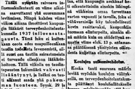 Espanjantaudin leviämistä käsittelevä lehtileike Uusi Suometar -lehdessä.