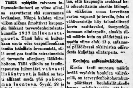 Espanjantaudin leviämistä käsittelevä lehtileike Uusi Suometar -lehdessä.