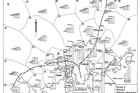 På kartan finns befolknings för Helsingfors med omnejd för år 1955, 1961, 1970 och 1980.