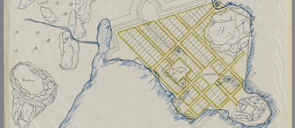 Befästningsingenjör Anders Torstenssons oförverkligade stadsplan för Helsingfors i Södernäs från 1638.  Med finns även ritningar för slott och befästningar.