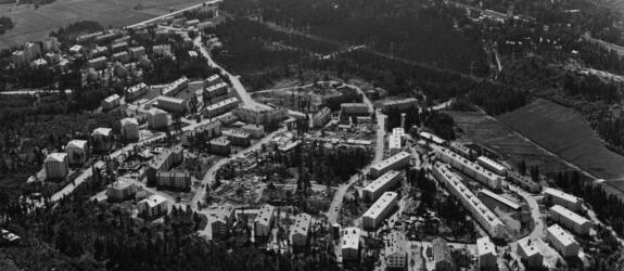 Pohjois-Haaga, ilmakuva. Etualalla Ohjaajantie vas. Näyttelijäntie, toinen vas. Pastori Jussilaisen tie, toinen oik. Tolarintie.