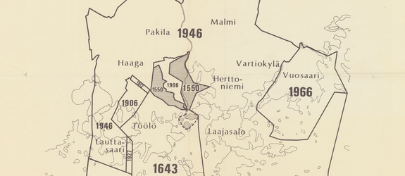 Kartta Helsingin kaupungin rajamuutoksista vuosien 1550 ja 1966 välillä.