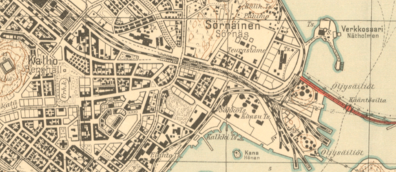 Sörnäs karta från 1932 visar hur byggandet och markutfyllnaderna har framskridit.