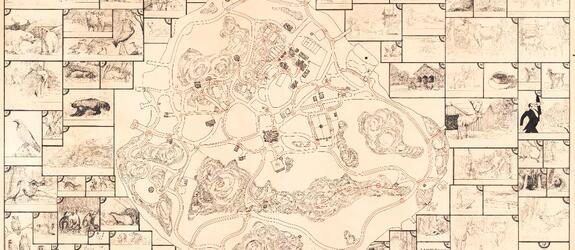 Korkeasaaren piirretty opaskartta. Kartan reunoille on piirretty kuvat eläimistä (ja muista kohteista, kuten ravintolasta) ja karttaan on merkitty numerolla mistä päin saarta ne löytyvät.