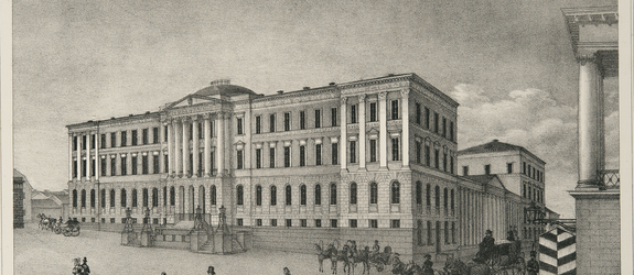 The Imperial Finnish Senate in a 1838 lithograph. Most likely based on an 1827 watercolour by C. R. Westling.