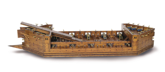 Puusta rakennettu tykkilautan pienoismalli.