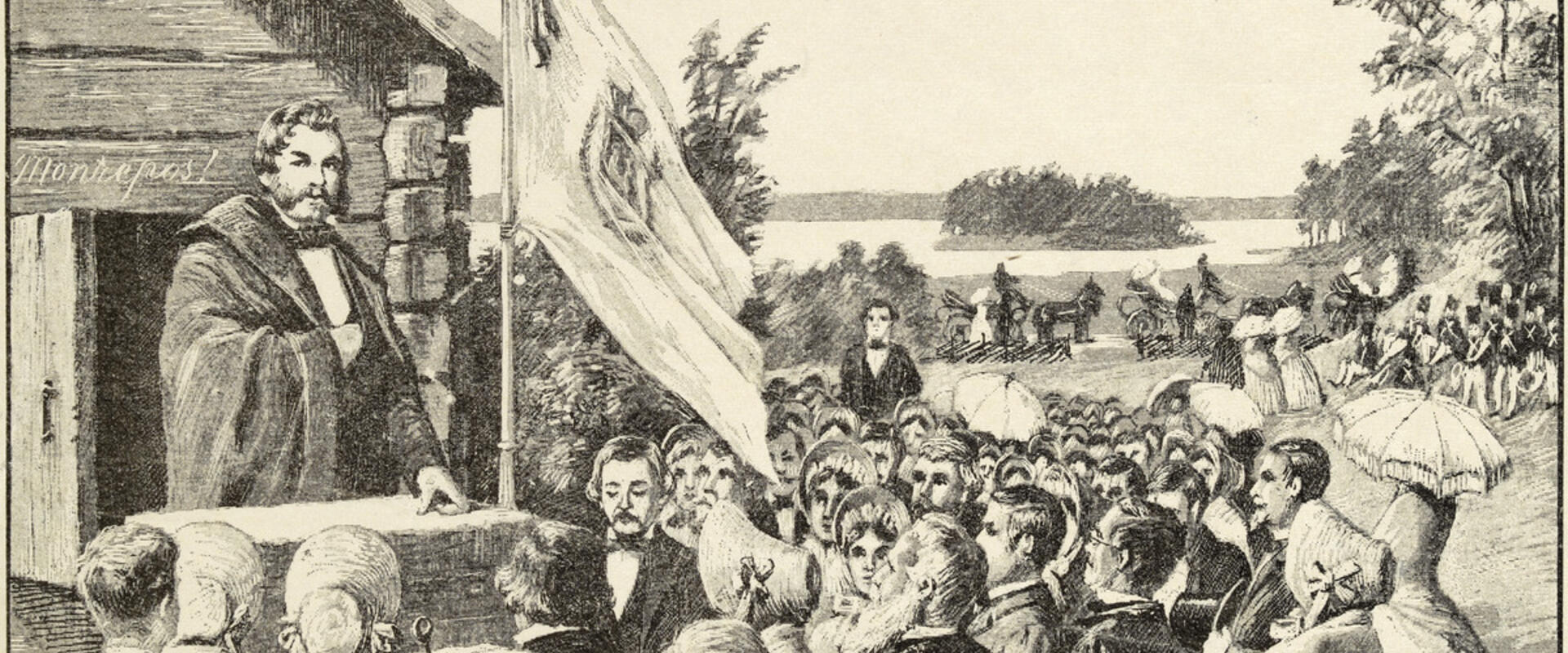 Piirroskuvassa on runsaasti juhlaväkeä. Keskellä liehuu lippu ja naisilla on päivänvarjot.