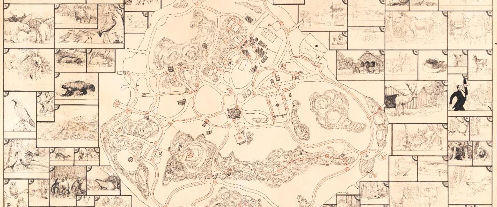 Korkeasaaren piirretty opaskartta. Kartan reunoille on piirretty kuvat eläimistä (ja muista kohteista, kuten ravintolasta) ja karttaan on merkitty numerolla mistä päin saarta ne löytyvät.