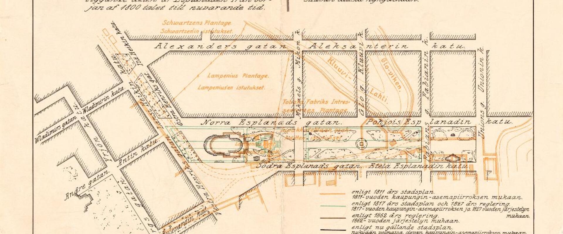 Katsauskartta Korkeavuorenkadun jatkon ja Erottajan välillä olevan Esplanadiosan järjestelyyn 1800-vuosiluvun alusta nykypäivään. Eri väreillä kuvattu vuosien 1811, 1817/1827, 1862 sekä kartan tekoajankohdan asemakaavapiirustukset sekä Kluuvinlahti v. 1811.