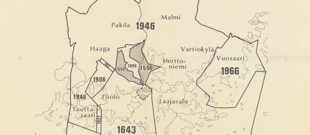 Kartta Helsingin kaupungin rajamuutoksista vuosien 1550-1966 välillä. 