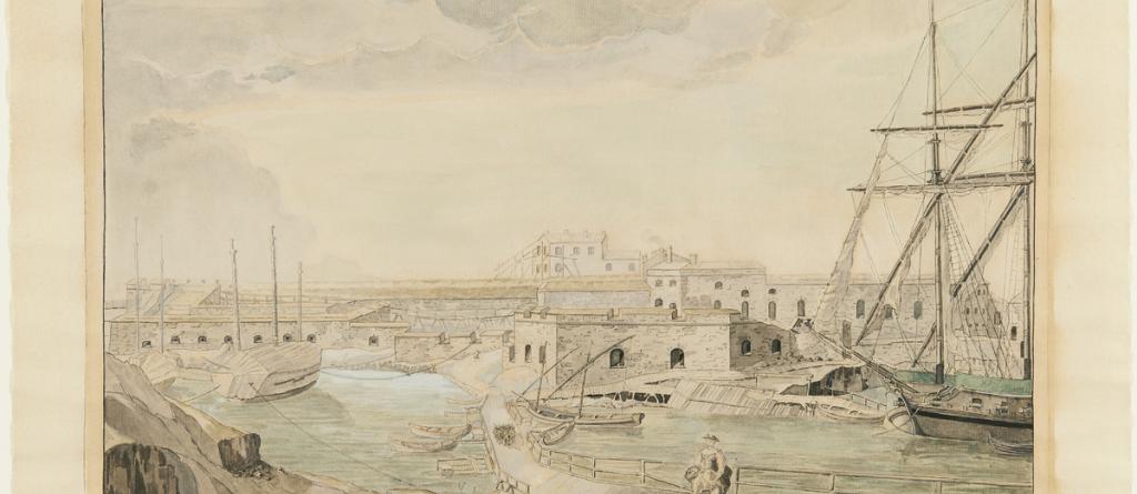 Maalaus, jossa näkyy Viaporin bastionimuureja sekä purjelaivoja