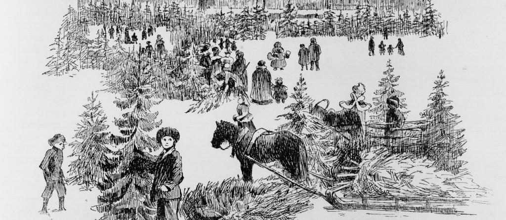 Teckning av julgranskommers på Järnvägstorget. En häst med granar i släden i bakgrunden, en pojke med gran i förgrunden.