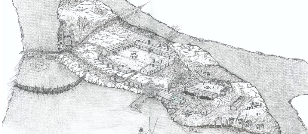 A drawing of an island. In the middle a group of houses surrounded by a wooden palisade wall. Wooden fences are also blocking the straight on the left of the island. There is a little harbour and a sailing boat next to eat.