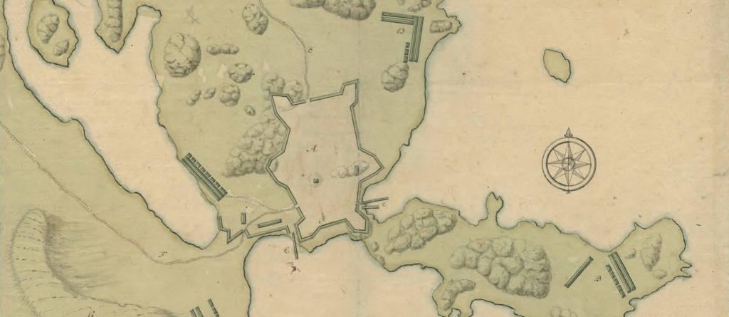 Kartan gjord av svenskar visar Helsingfors som befästs av ryssar. På stället av den förstörda staden har man rest en befästning med flera hörn.