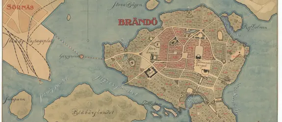 Reklamaffisch för Brändö villastad, som visar den orealiserade planen.