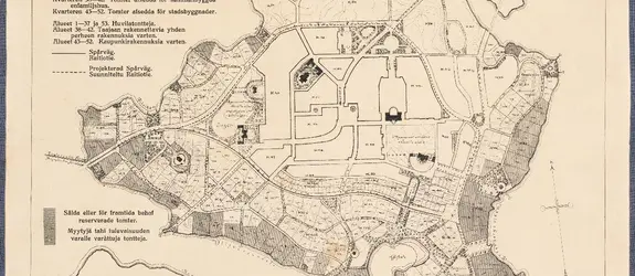 En karta över Brändö villastad på blå klot med kvarter, gator och sålda tomter.