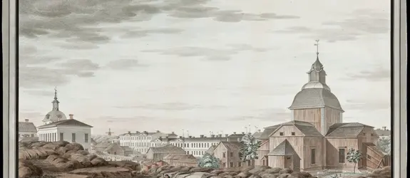 På denna målning av C.L. Engel ser man de viktigaste arenorna för muntlig informationsförmedling – kyrkan, gatan och stadens torg. Längst till vänster syns kyrkans klockstapel, från vilken klockringningen kunde höras flera kilometer bort vid fint väder. Kyrkklockorna finns fortfarande bevarade i Helsingfors domkyrka.