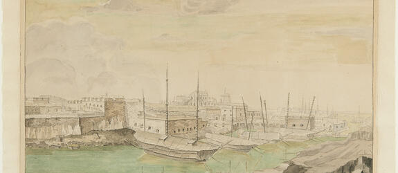 A drawing of sailing ships under the walls of the fortress.