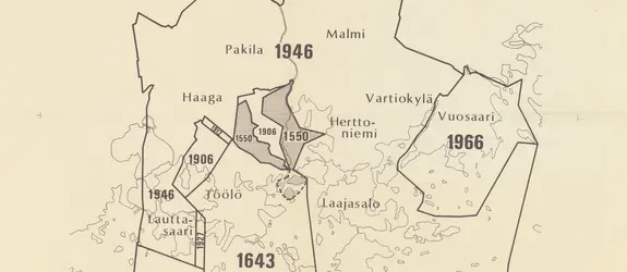 Karta över Helsingfors stads gränsändringar mellan åren 1550 och 1966.
