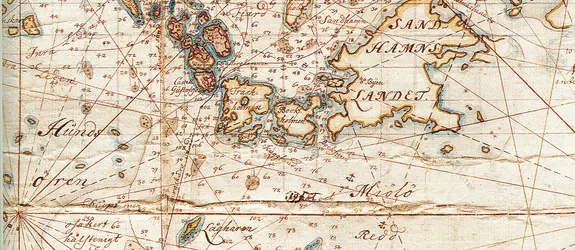 Gammalt sjökort, som visar öarnas namn och djupmätningar