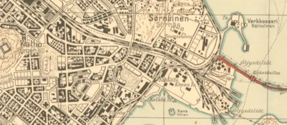 Sörnäs karta från 1932 visar hur byggandet och markutfyllnaderna har framskridit.