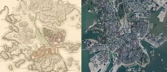 På bilden jämsides två kartor över Helsingfors centrum, till vänster från år 1820 och till höger en luftbild från år 2019. Genom att jämföra kartorna kan man observera hur schaktningen påverkat stadsbilden. Stadens centrum har expanderat mot havet, Gloviken har schaktats igen, precis som en liten sjö i Tölö.