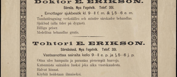 En annons för läkarmottagning på svenska och finska.