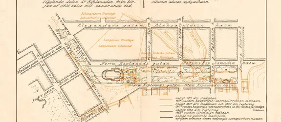 Katsauskartta Korkeavuorenkadun jatkon ja Erottajan välillä olevan Esplanadiosan järjestelyyn 1800-vuosiluvun alusta nykypäivään. Eri väreillä kuvattu vuosien 1811, 1817/1827, 1862 sekä kartan tekoajankohdan asemakaavapiirustukset sekä Kluuvinlahti v. 1811.
