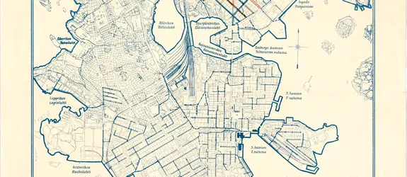 En karta över Helsingfors kloaksystem år 1908. Den norra gränsen går vid Böle.