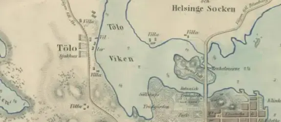 Piirretty kartta, jossa on Töölönlahti ja kolme rakennusta, joiden kohdalla lukee Tölö sjukhus.