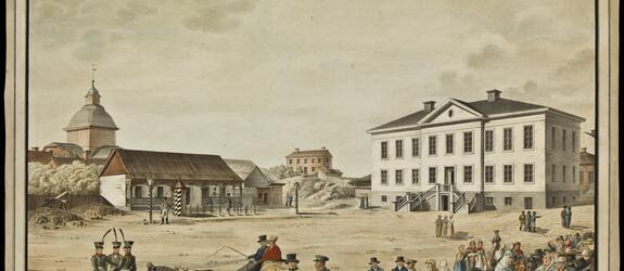 Torglandskap. I förgrunden stadsbor och hästar med vagn, i bakgrunden Ulrika Eleonora kyrka, högvakten och rådhuset.
