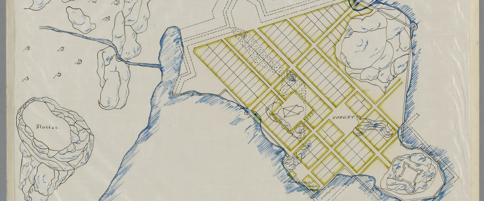 Befästningsingenjör Anders Torstenssons oförverkligade stadsplan för Helsingfors i Södernäs från 1638.  Med finns även ritningar för slott och befästningar.