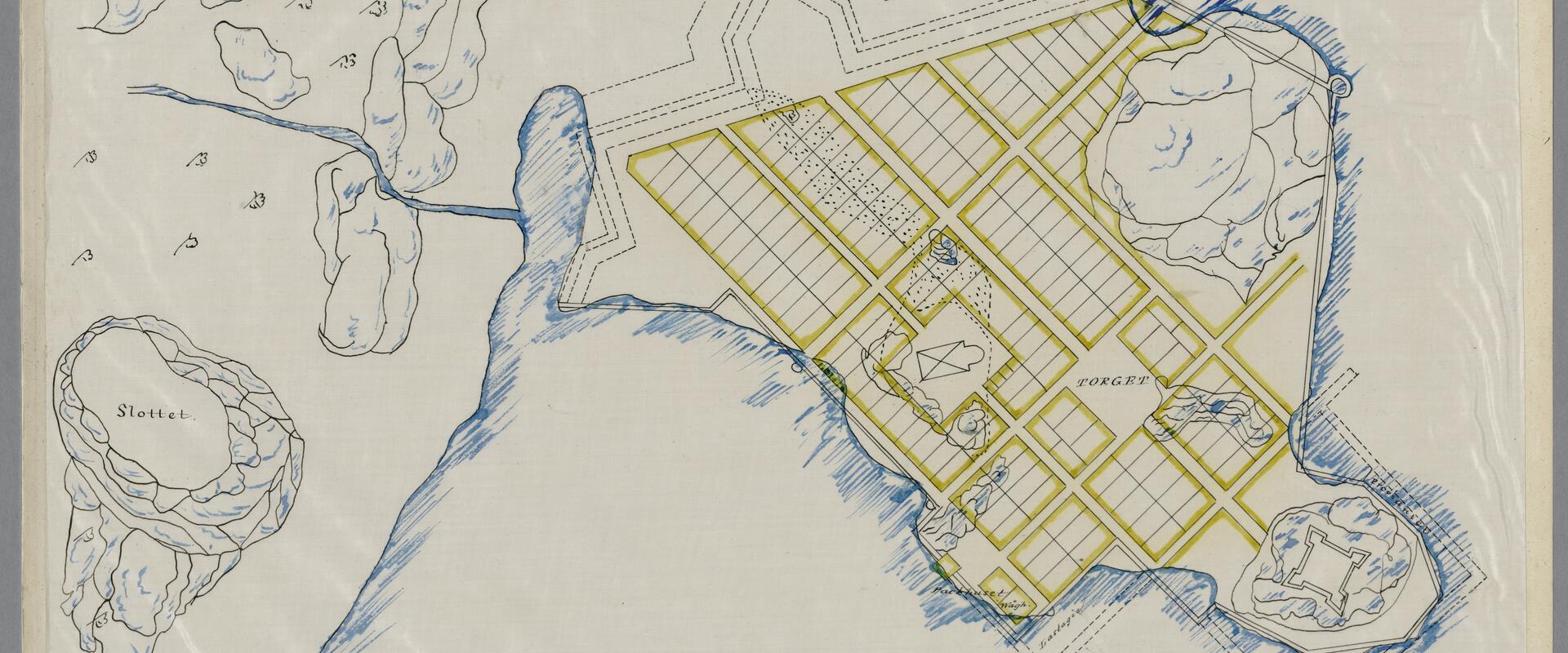 Karttaan piirretty suunnitelma Helsingin kaupungin uudesta sijainnista Sörnäisissä. Mukana myös linnojen ja linnakkeiden piirrokset.