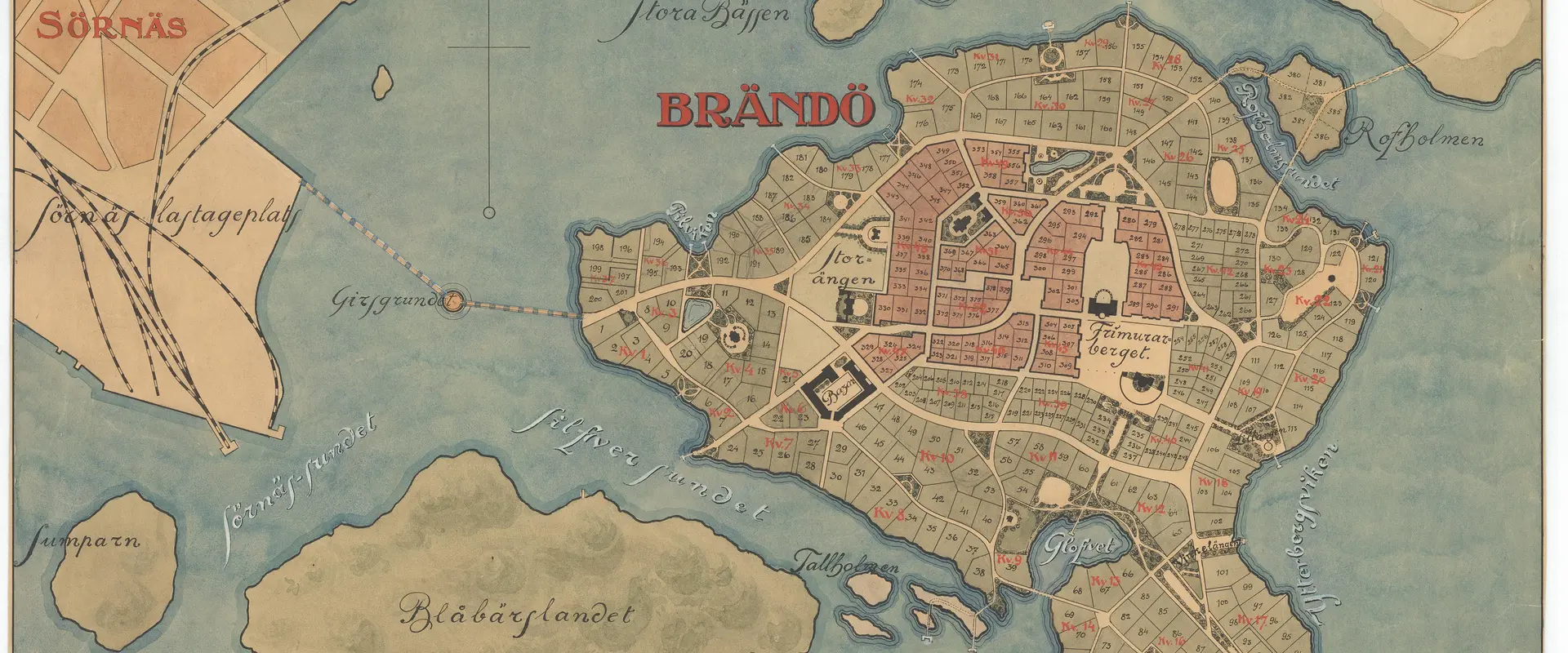 Reklamaffisch för Brändö villastad, som visar den orealiserade planen.
