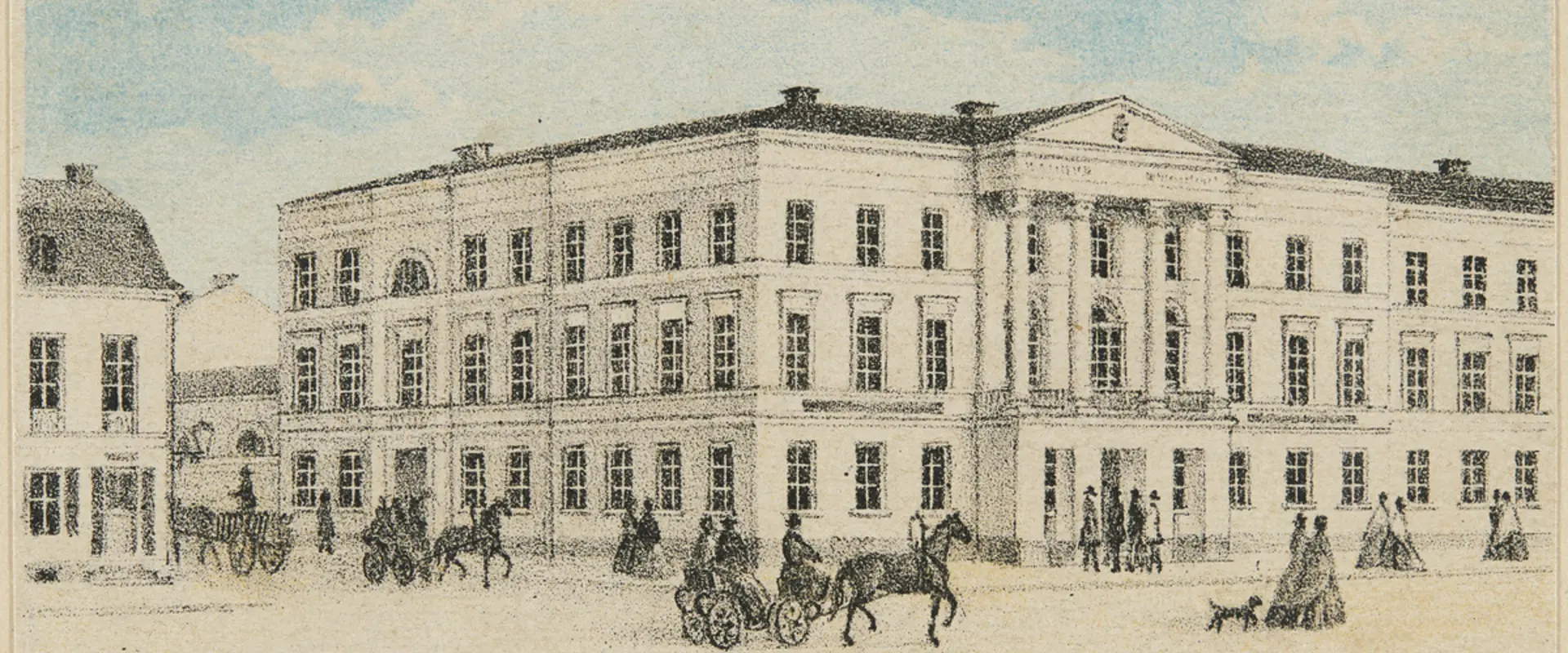 Tecknad bild av Helsingfors dåvarande rådhus. Framför huset finns fotgängare, en hund och människor i hästdragna vagnar. Till vänster syns Sederholmska huset.
